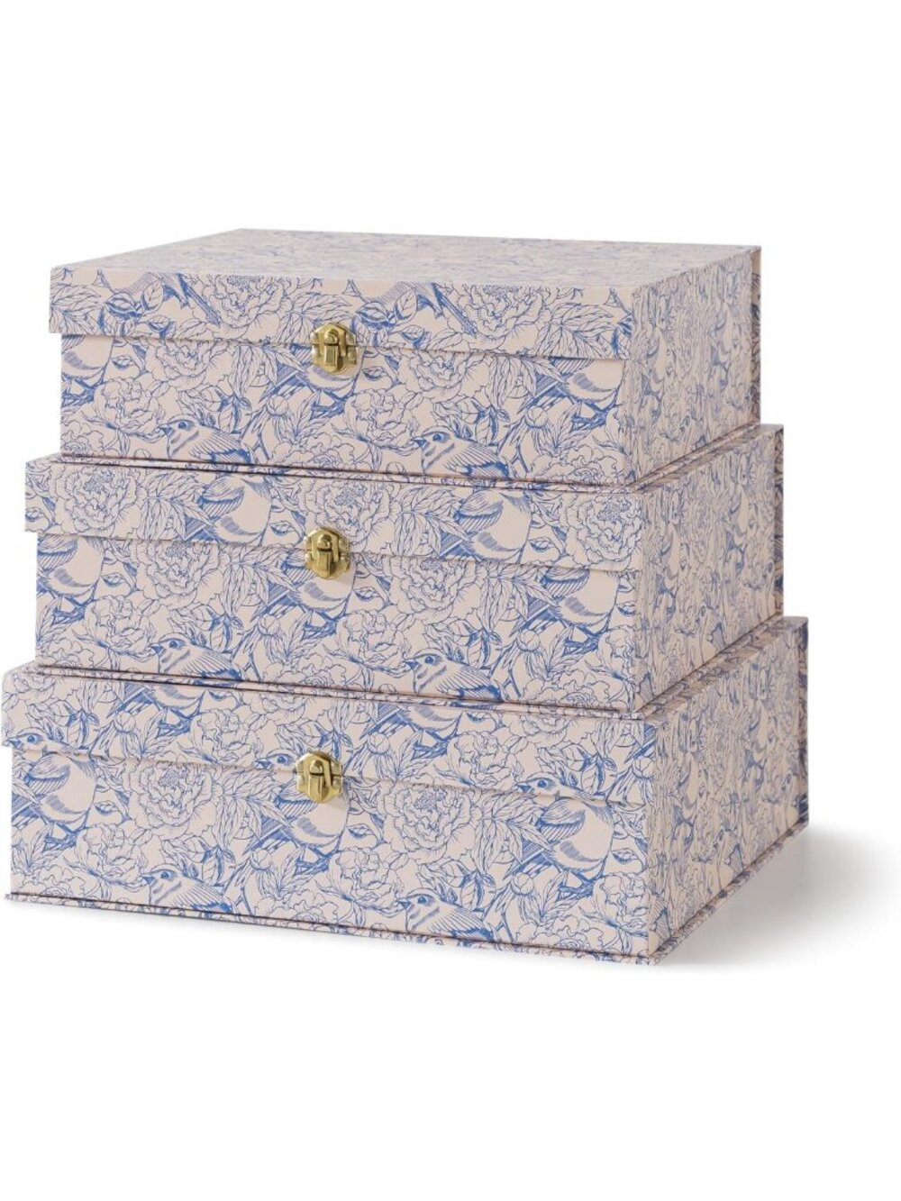 Set of 3 Blue Floral Storage Boxes with Gold Hardware - Stylish Home